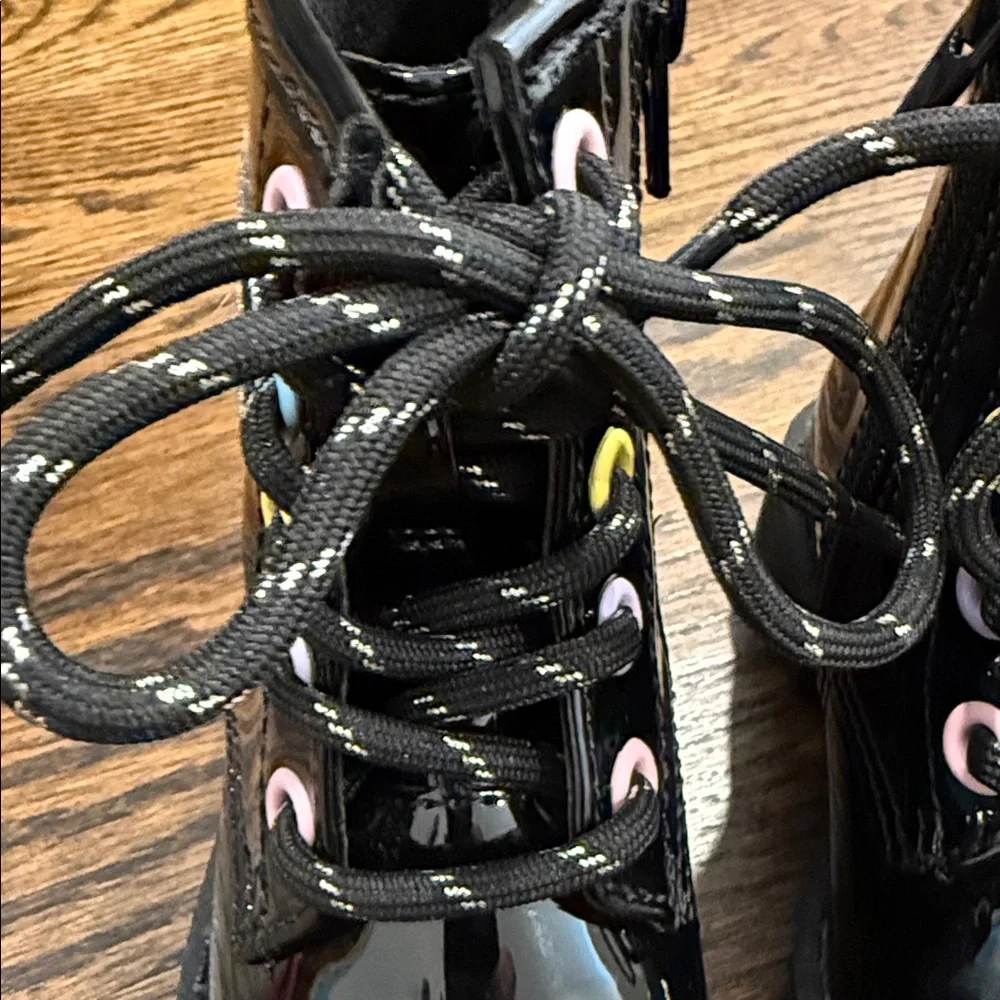 Black Patent Leather Kids Boots with Rainbow Detail
